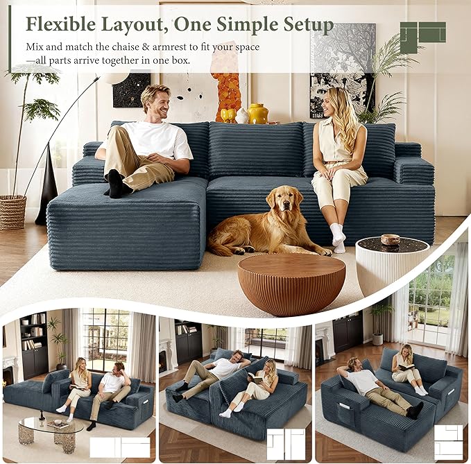 96 Sectional Couches for Living Room Cloud Couch Sofa with L-Shape Upholstered Boneless Couchs Modern Modular Sectional Couch with Chaise (Dark Grey 96 W+Left Facing Chaise+2Seaters)
