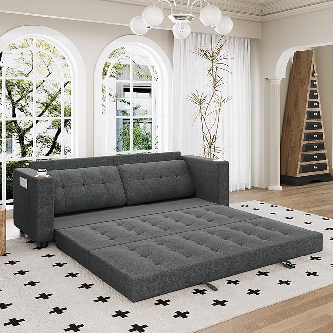 Upgraded Queen Size Futon Sofa Bed 83 Thick Upholstery Loveseat Sleeper Sofa Pull Out Couch Convertible Floor Couch for Bedroom/Living Room/Entertainment Room (Dark Grey)