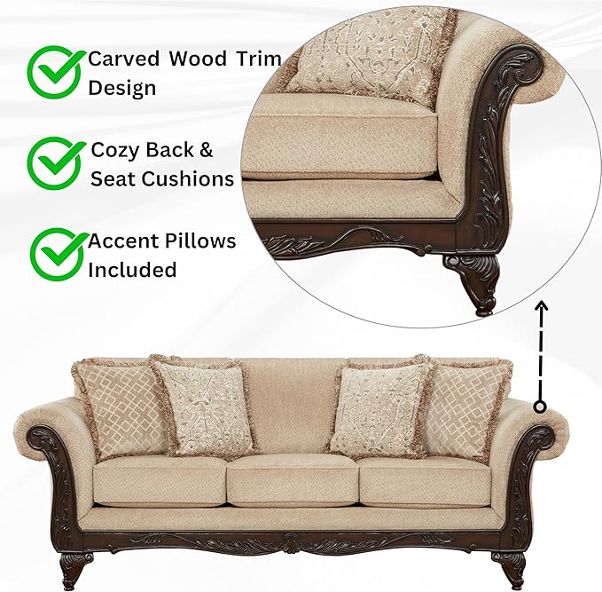 Hernen Carved Wood Frame Sofa Beige Wheat