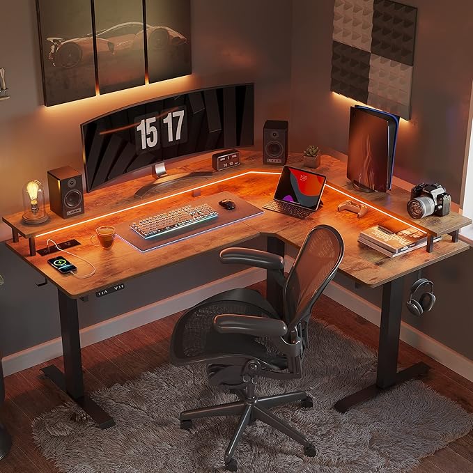FEZIBO 63 Triple Motor L Shaped Standing Desk with LED Strip &amp Power Outlets Height Adjustable Stand up Corner Gaming Desk with Ergonomic Monitor Stand Rustic Brown Top/Black Frame