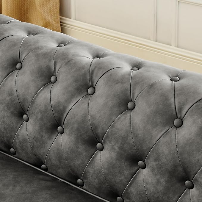 88.5 Upholstered Chesterfield Couch Modern 3 Seater Sofa with Tufted Back and Scrolled Arms Wood Leg Nailhead Sofa for Living Room Office Apartment Small Space Linen Upholstered Dark Gray