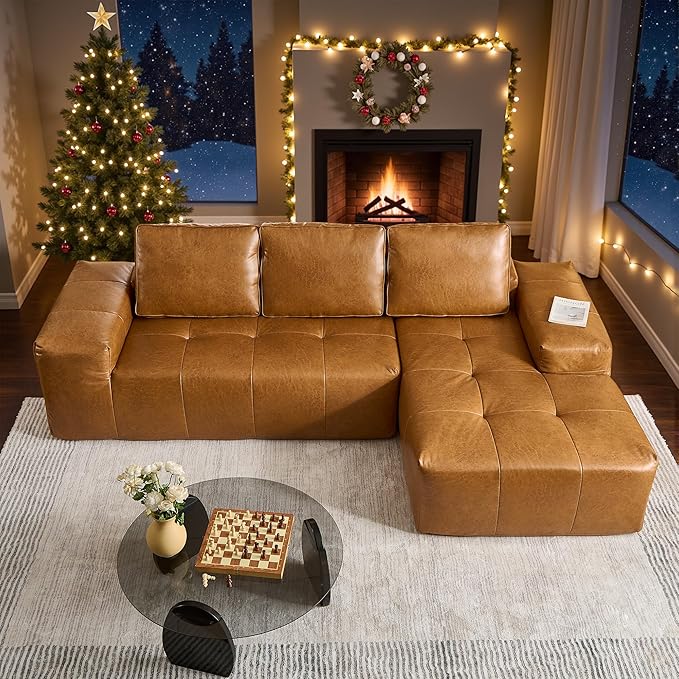 114 in Faux Leather Modern Modular Sectional Sofa - Boneless L-Shaped Couch with Chaise Sectional Couches for Living Room with Deep Seat No Assembly Required Sofa (Brown Right Chaise Sofa)