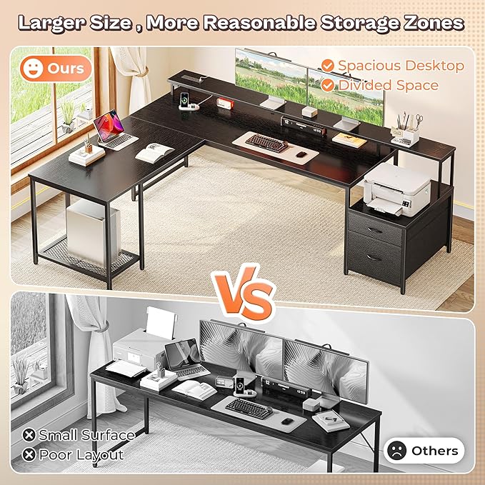 PRAISUN 66 L Shaped Gaming Desk with LED Lights &amp Power Outlets Computer Desk with Fabric Drawers and Print Stand Corner Office Desk Monitor Stand Mesh CPU Stand Black
