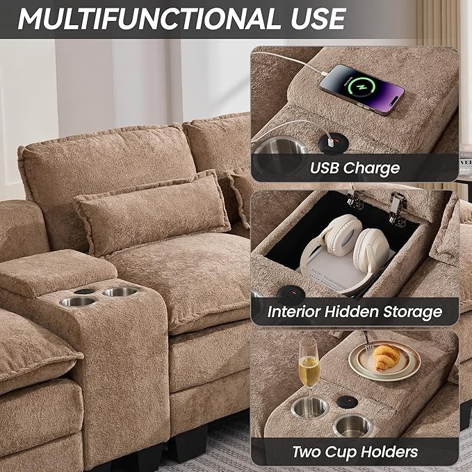 125 U Shaped Modular Sectional Cloud Sofa Small Sherpa Upholstered Double Chaise Living Room Couch Storage Central Console Cup Holders USB Port Camel