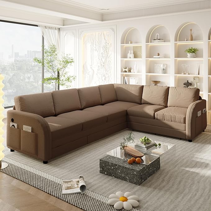 KEIKI 115 L-Shaped Sectional Sleeper Sofa for Home Office &amp Lounging Pull-Out Bed Couch with Reversible Left/Right Chaise USB Port &amp Side Storage