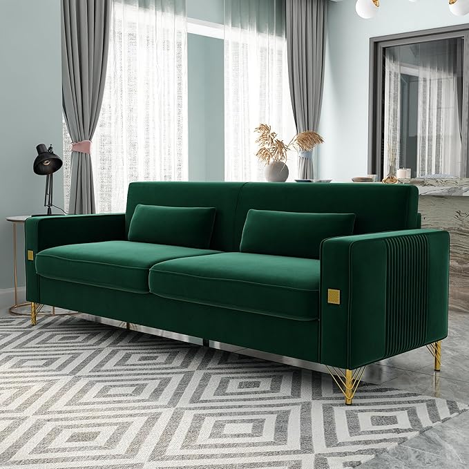 KEIKI 86 Oversized Luxury Velvet Sofa with Armrest and Removable Plush Cushions Modern Style Gold Accents 3-Seater Couch with Solid Legs Easy Assembly for Living Room Apartment Green