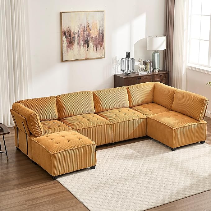 121 U Shaped Modular Sectional Sofa Couch 6 Seat Convertible Upholstered Deep Seat Sleeper Sofa with Chaise Lounge Cloud Couch for Living Room Mustard Yellow