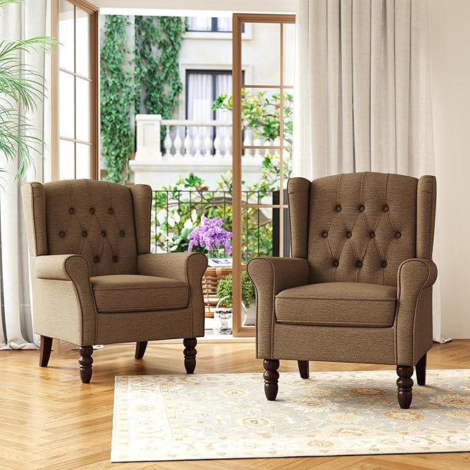 Accent Chair Upholstered Armchair with Button Tufted High Back &amp Solid Wood Legs Comfy Wingback Reading Single Sofa Chair for Small Spaces Living Room Bedroom (Brown Set of 2)
