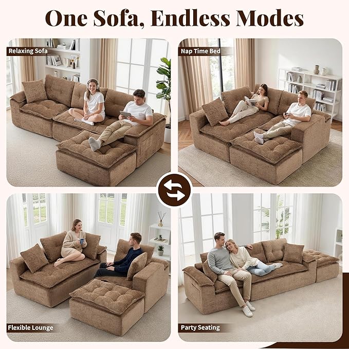 110 Modular Sectional Sofa Cloud Sectional Couch with Ottoman Modern L Shaped Sofa with Deep Seat Upholstered Boneless Couch for Living Room with Layered Cushion No Assembly Brown