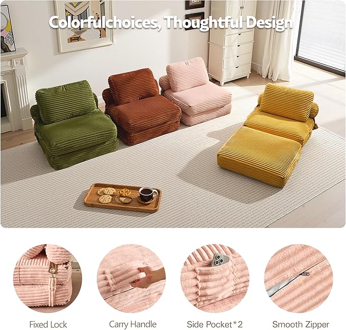 Folding Sofa Bed Convertible Sleeper Chair with Pillow Back Support Plush Corduroy No Assembly Memory Foam Chair Beds for Small Space Apartments Guest Bedroom (Pink Single)