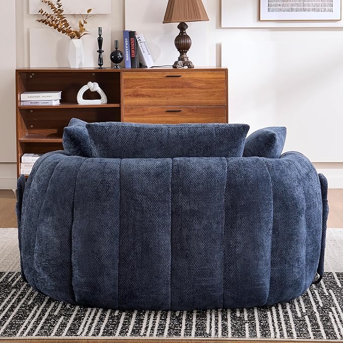 Oversized Chaise Lounge Indoor Deep Seat Boneless Sofa Bed with Throw Pillows Plush Chenille Fabric No Assembly Required Comfy Sleeper Sofa for Living Room Bedroom (Blue with Pocket)