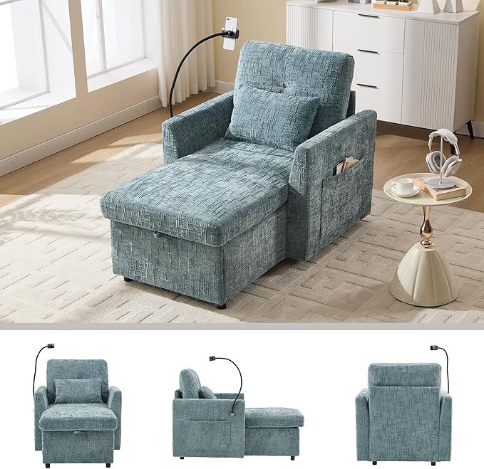 Multifunctional Recliner Sofa Chair with Storage Phone Holder &amp Adjustable Backrest Chenille Fabric Single Leisure Chair for Living Room Bedroom Small Spaces (Lake Blue)