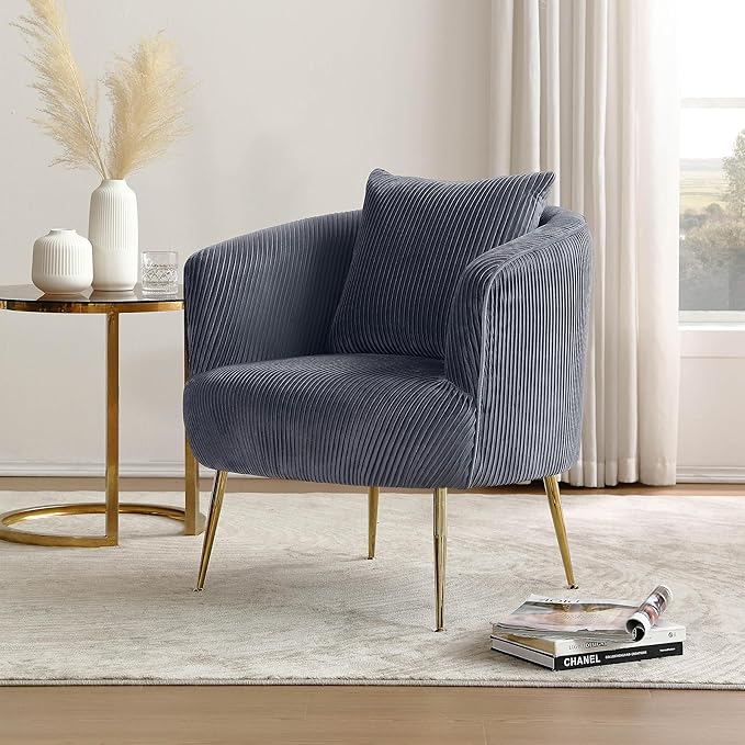 Art Leon Velvet Accent Chair Upholstered Modern Single Sofa Chair Comfy Barrel Chair with Golden Metal Legs for Living Room Bedroom Gray