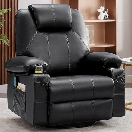 Oversized Swivel Rocker Recliner Chair with Heat and Massage 360 Degree Swivel Rocking Single Sofa with USB Port and Cup Holders Large Big Recliner Chair for Living Room(Leather Black)