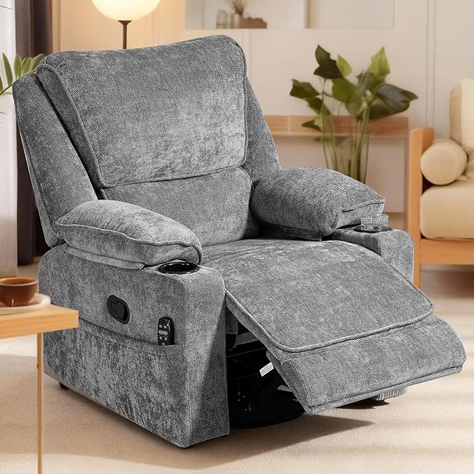 360° Swivel Rocking Recliner Multi-Functional Chair with Heating Massage Functions Equipped with Remote Control Cup Holder Suitable for Living Room &amp Bedroom Use Chenille Fabric