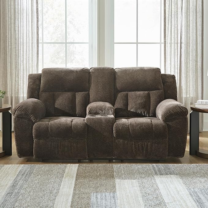 Signature Design by Ashley Frohn Modern Manual Double Reclining Loveseat with Console Storage and Cup Holders Dark Brown