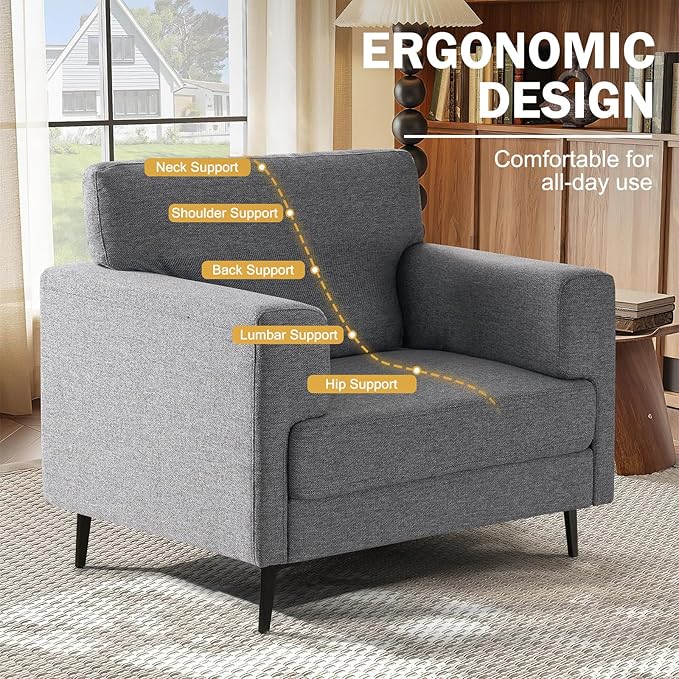Oversized Accent Chair Upholstered Living Room Chairs Single Sofa Chair w/Metal Legs Comfy Linen Fabric Reading Lounge Armchair for Apartment Bedroom Office Dark Grey 1PC