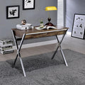 Penau Rustic Weathered Oak Writing Desk with Chrome Accents 2 Spacious Drawers Modern X-Shaped Legs Office and Home Use