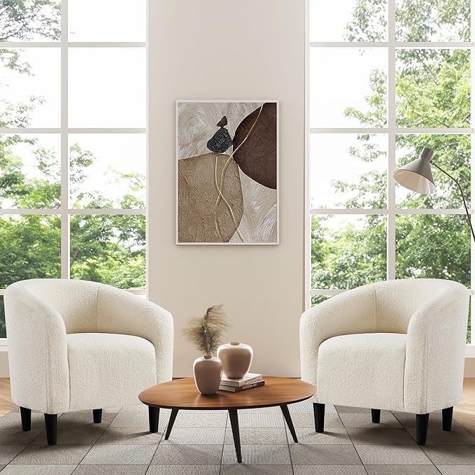 Yaheetech Barrel Chairs Furry Accent Chairs with Soft Padded Armrest for Living Room Bedroom Waiting Room Office Set of 2 Ivory