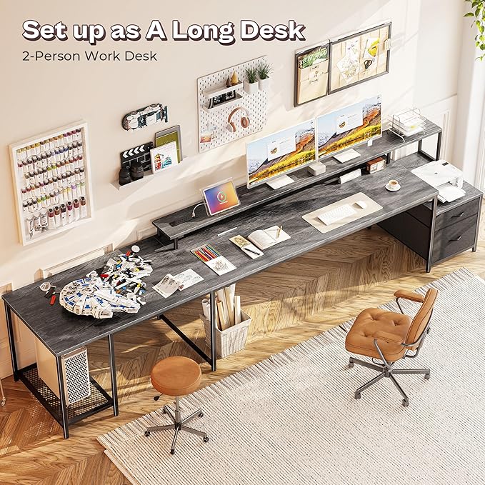 PRAISUN 66 L Shaped Gaming Desk with LED Lights &amp Power Outlets Computer Desk with Fabric Drawers and Print Stand Corner Office Desk Monitor Stand Mesh CPU Stand Grey