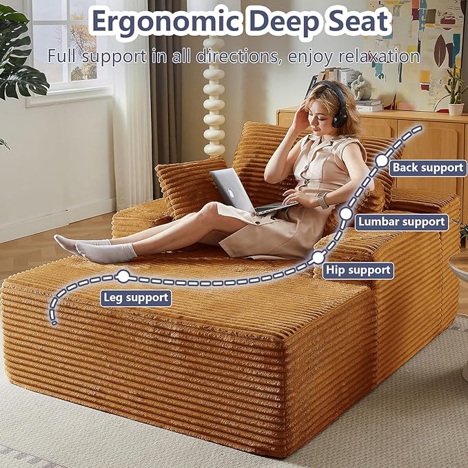 49.2 Oversized Chaise Lounge Chair Indoor Modern Upholstered Deep Seat Sofa Bed Sleeper Couch Reading Chairs Comfy Corduroy Cloud Sofas Couches for Living Room No Assembly Orange