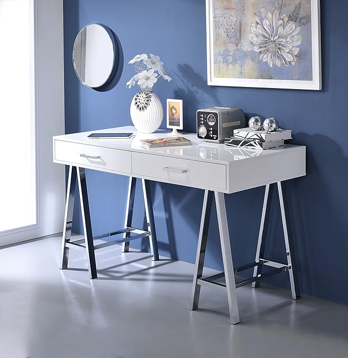 White High-Gloss Writing Desk with USB Port &amp Chrome Accents - Modern Home Office Desk
