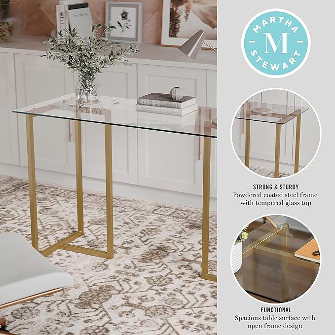 Martha Stewart Eli Home Office Desk with Glass Top and Steel Frame Polished Brass