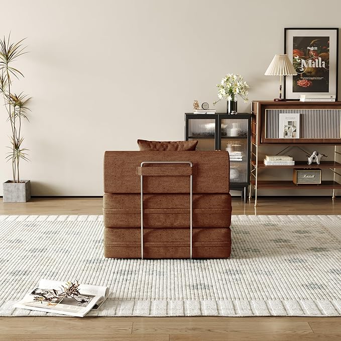 31.5'' Convertible Compressed Corduroy Folding Sofa Bed Modern Boneless Pull Out Sleeper Sofa Couch in a Box 3 in 1 Portable Lazy Floor Lounge Chair No Assembly Needed Caramel Pillow Single