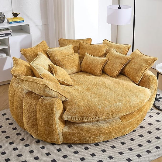 81.1 W Oversized Round Chair Swivel Accent Chair Extra Large Knitted Chenille Living Room Chair (Yellow)