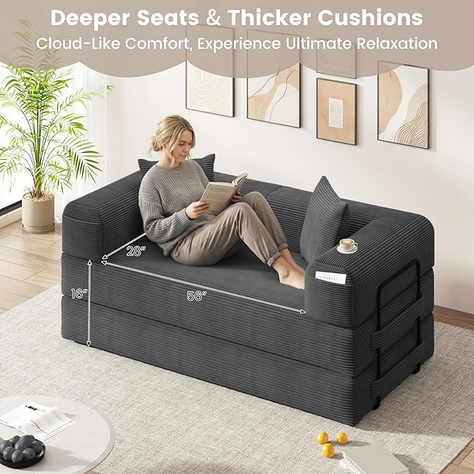 80 Convertible Sofa Bed 5 in 1 Modular Boneless Couch Sleeper Sofa Bed with Fixed Frame &amp Removable Backrest Pillow Washable Corduroy Futon Sofa Bed Couch in a Box for Small Spaces Dark Grey