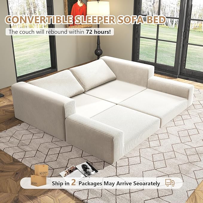 78loveseat Sofa Convertible Sofa Bed Modular Sectional Sofa Modern Deep Seat Folding Sofa for Living Room Bedroom No Assembly Required Corduroy Fabric Flexible Configurations(White 2-SEATER)