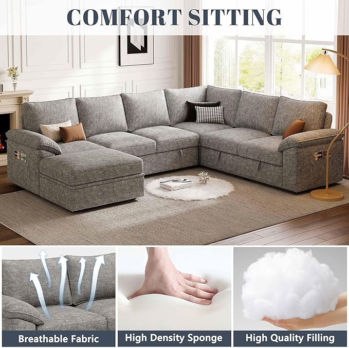 108 Inch Modular Sectional Sofa with Pull Out BedU Shaped 7 Seat Sectional Sleeper Sofa with StorageSectional Couches for Living RoomCloud Modular CouchRemovable Sofa CoverLight Gray
