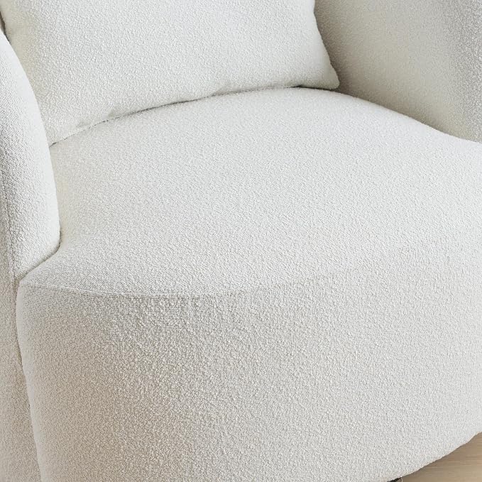 KINWELL 34 Wide Sherpa Swivel Barrel Chair No Assembly Round Boucle Upholstered Accent Chair Armchair Single Sofa Chair with Toss Pillow for Living Room and Bedroom Beige