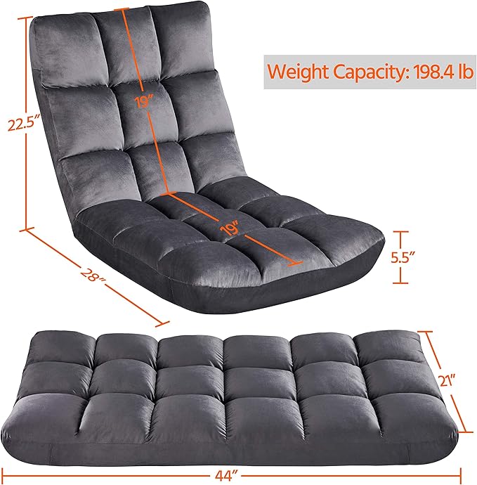 Topeakmart Floor Folding Chair with 14 Adjustable Positions Portable Padded Lounge Chair with Backrest Lazy Sleeper Recliner for Living Room Bedroom Gray Set of 2