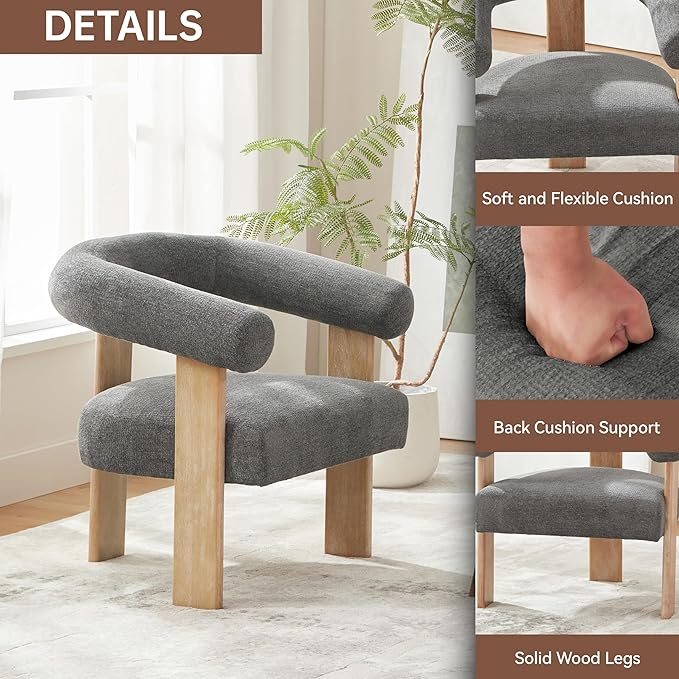 VKNOW Accent Chair Living Room Chair Modern Upholstered Arm Chair with Solid Wood Legs Comfy Barrel Accent Chair for Living Room Bedroom Dark Grey