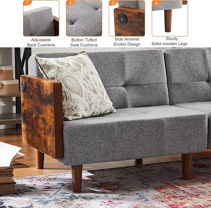 71 Futon Sofa Bed Convertible Couch for Small Spaces – Twin Sleeper with Cotton Fabric &amp Wooden Armrests Grey Upholstered Sofa Bed (Grey)