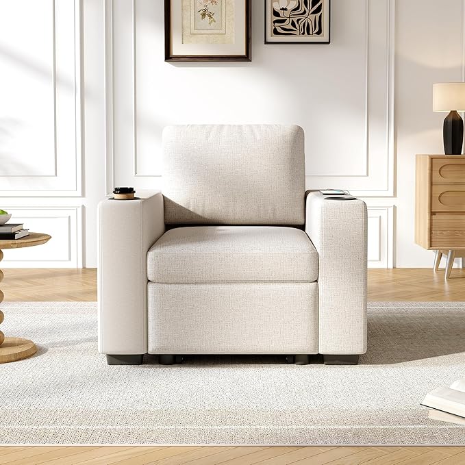 35.4 Convertible Pull-Out Sofa Bed Modern Couch Single Sofa Chair with Dual Cup Holders Luxurious Chenille Fabric Sofa Bed for Living Room (Beige42)