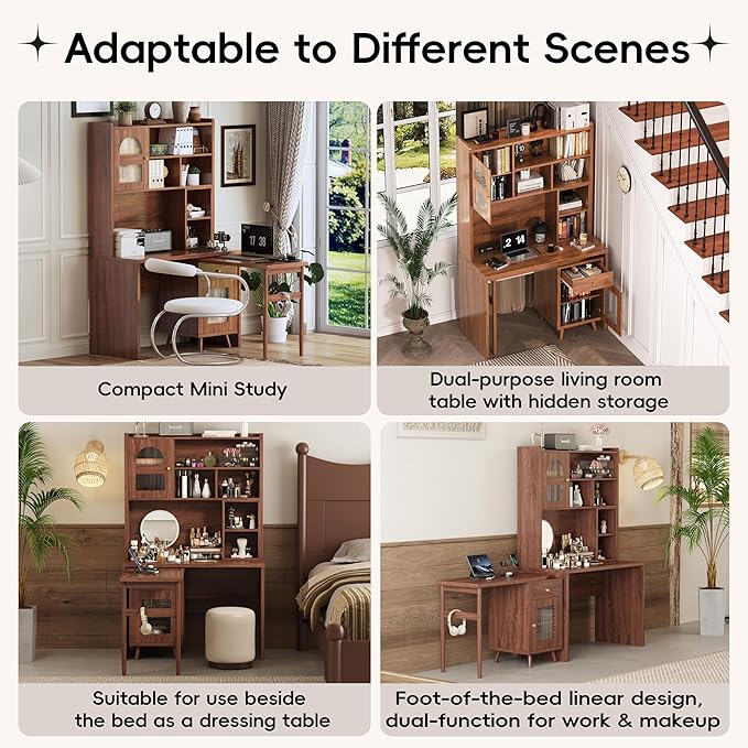 Bookcase Cabinet with Computer Desk Degree Rotating Desktop 43x70 Inch Office Desk with Drawer and Cabinets Gaming Writing Work Desk with Shelves for Study for Home Office Living Room (Walnut)