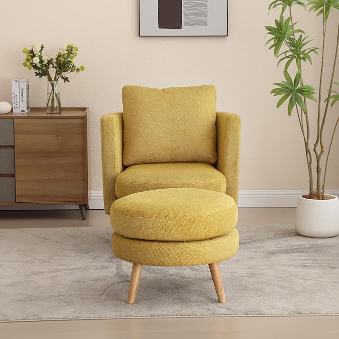 30.7 Wide Accent Chair with Ottoman Armchair Upholstered Reading Chair Single Sofa with Wooden Leg and Throw Pillow for Living Room Bedroom Dorm Room Office Mustard Polyester Blend