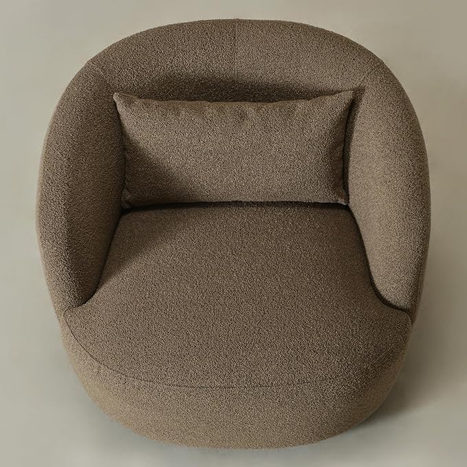 KINWELL 34 Wide Sherpa Swivel Barrel Chair No Assembly Round Boucle Upholstered Accent Chair Armchair Single Sofa Chair with Toss Pillow for Living Room and Bedroom Teddy Brown
