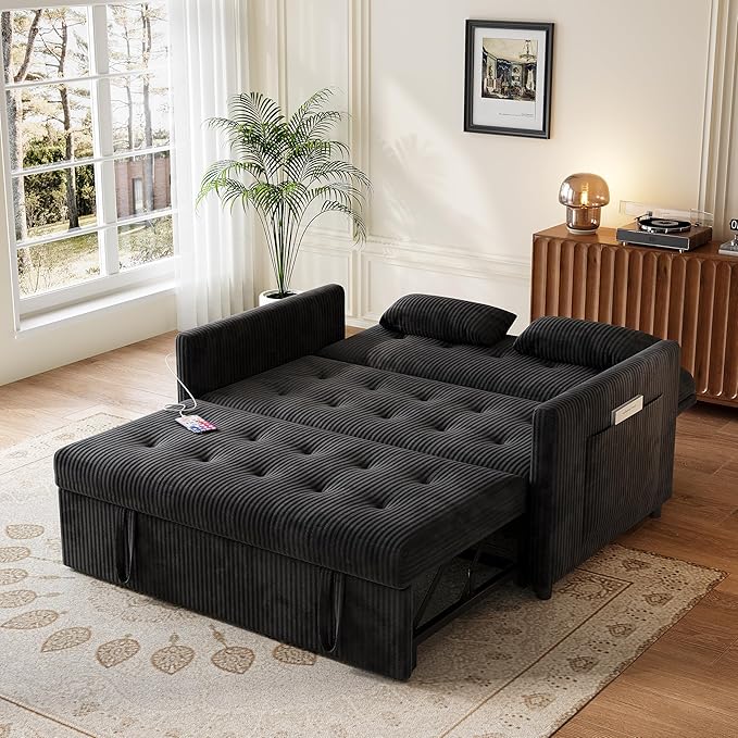 Sofa Bed Loveseat 3-in-1 Sleeper Sofa with Pull Out Bed Pockets and USB Modern 2 Seater Convertible Small Couch for Living Room Bedroom Apartment (Black Corduroy)