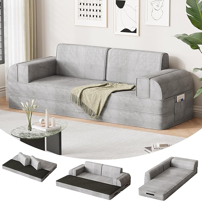 79 Multi-Style Convertible Sleeper Sofa Bed Loveseat Boneless Couch in a Box Folding Floor Mattress with Removable Pillows Armrests Side Pockets Fold Out Lounge Against the Wall Light Grey