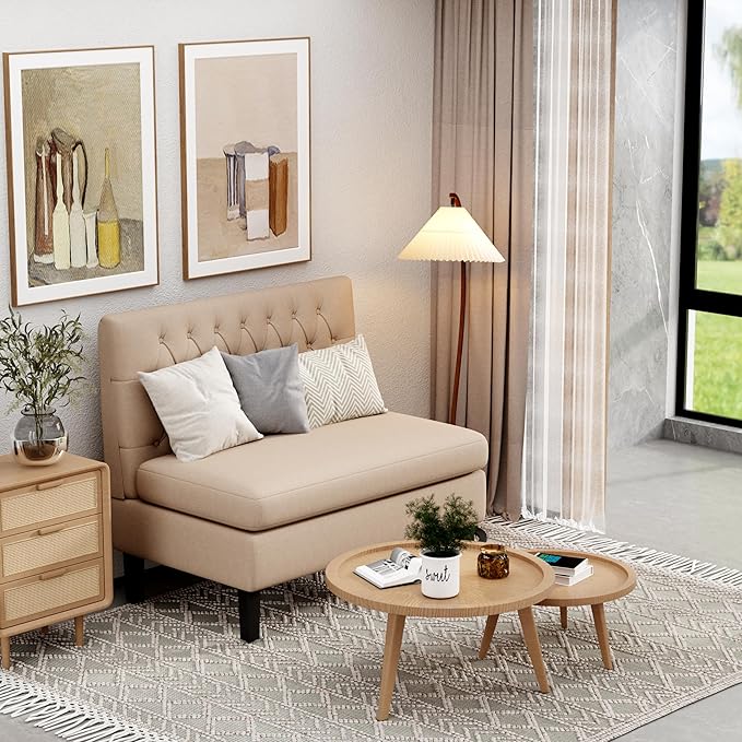 Andeworld Modern Loveseat Settee Button Tufted Sofa Couch Upholstered Banquette Dining Bench High Back Living Room FunitureKhaki