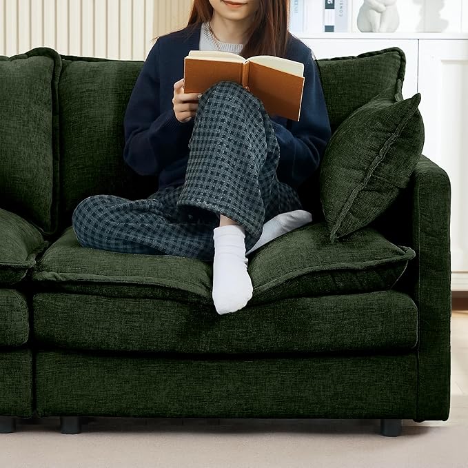 Green Sectional Modular Sofa Cloud Couch 105 Modern Convertible L-Shape Sofa Deep 3-Seater Soft Chenille Comfy Upholstered with Removeable Ottoman Set and Removable Cushions for Living Room