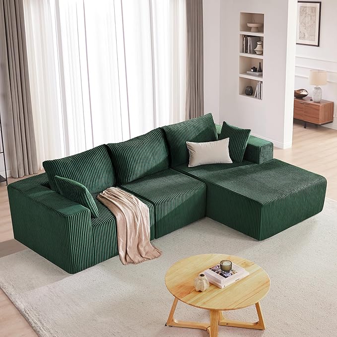 HUATEAN 108” Modular Sectional Sofa Cloud Sectional Couch with Deep Seat Modern Modular L-Shape Sofa Couch with ChaiseUpholstered Couches for Living Room Bedroom (Corduroy Green)