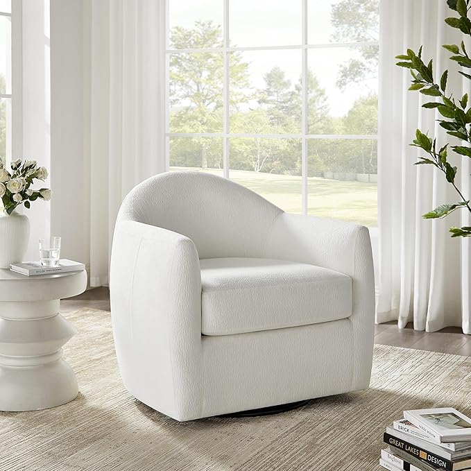 360° Swivel Accent Chair Comfy Swivel Barrel Chairs Modern Upholstered Arm Chair for Living Room Bedroom Apartment (White)