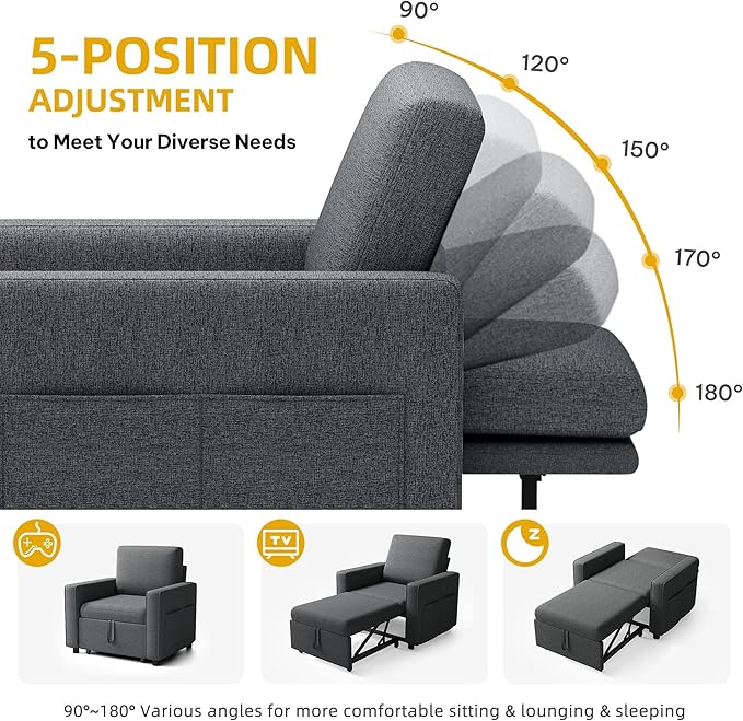 YITAHOME Convertible Sofa Chair Bed 3-in-1 Sleeper Sofa with Pull-Out Bed Linen Fabric Single Sleeper Chair with Reclining Backrest and Wide Armrest Modern Lounge Sofa for Small Space Grey