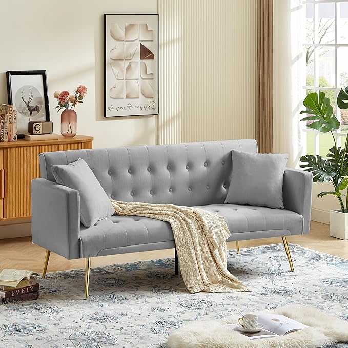 Anwick 72 Modern Velvet Sofa Bed FutonConvertible Folding Sleeper Bed Couches with 3 Adjustable BackrestsTufted Recliner Loveseat with Golden Chrome Legs for Small Living Room Office (Grey)