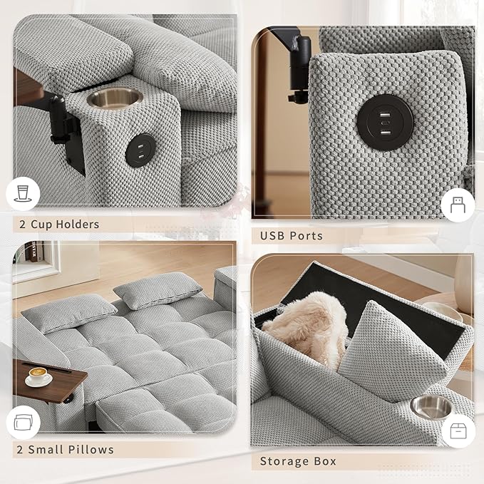 3-in-1 Convertible Sleeper Sofa Couch 65.35 Grainy Corduroy Fabric Pullout with 360° Swivel Side Table Charging Port &amp Storage Box Easy to Assemble for Living Room