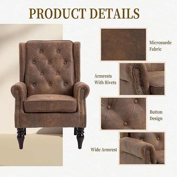 Brown Leather Accent Chair with High Back Vintage Tufted Wingback Chair with Arms &amp Rivet Upholstered Armchair &amp Single Sofa Chairs for Living Room Bedroom Office Apartment (Dark Brown)